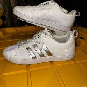 Adidas White Sneakers with Metallic Stripes
